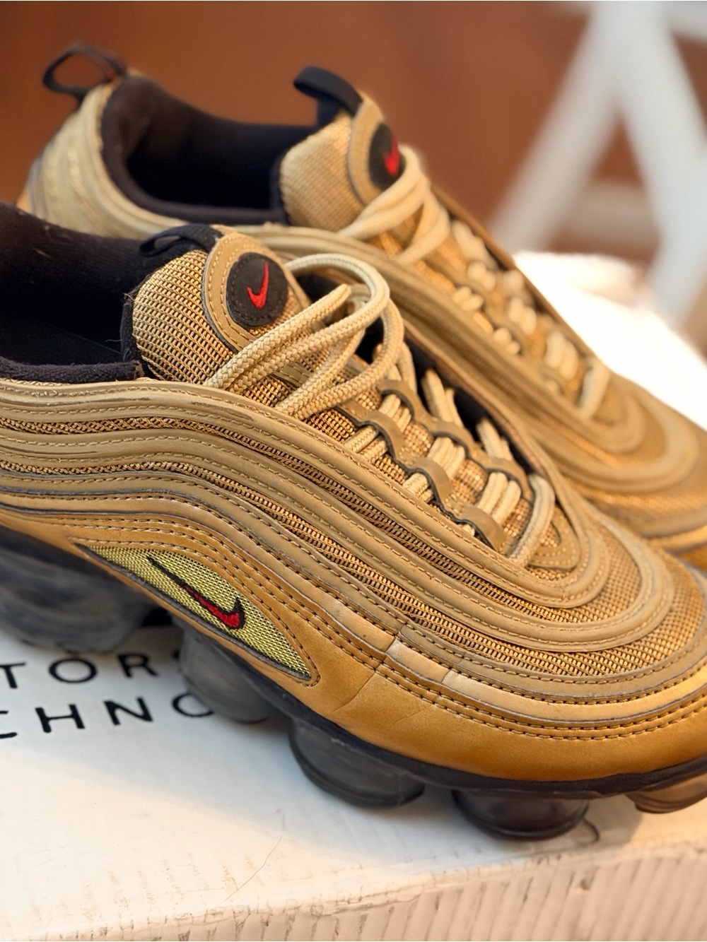 Nike Men’s Gold and Black VaporMax 97-Style Sneakers with Red Swoosh